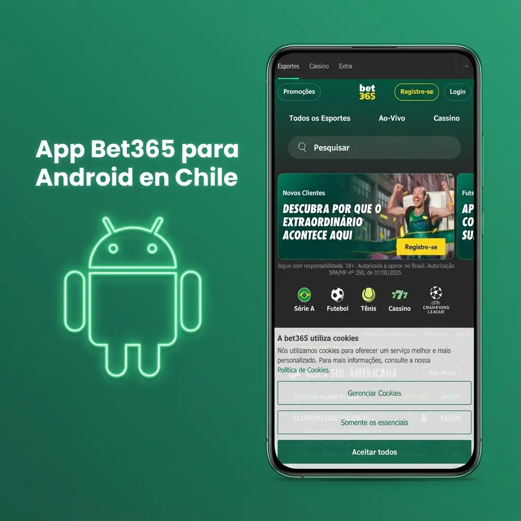 Smartphone Android en mano mostrando la app Bet365 en español con opciones de apuestas, casino y botones de depósito y retiro