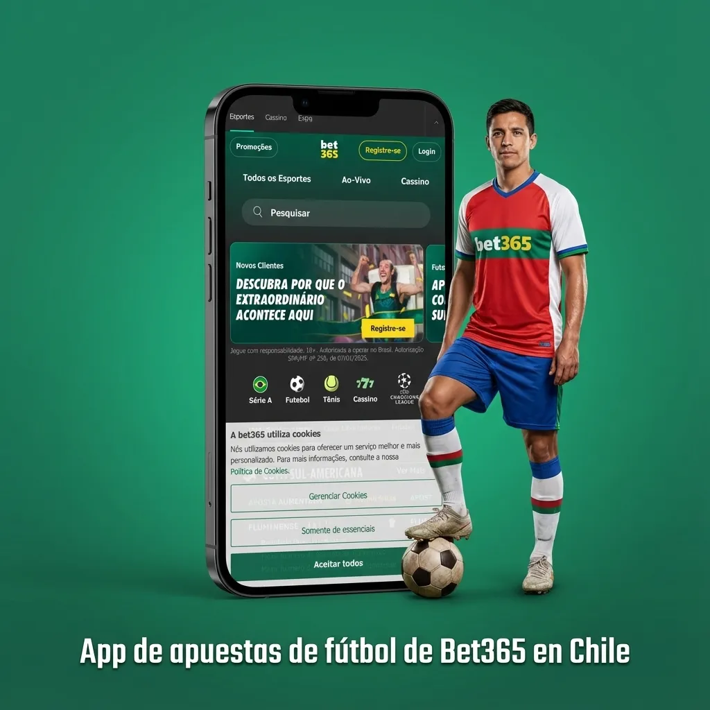 Celular en mano mostrando la app de apuestas de fútbol de Bet365 en Chile, con partidos y cuotas en pantalla