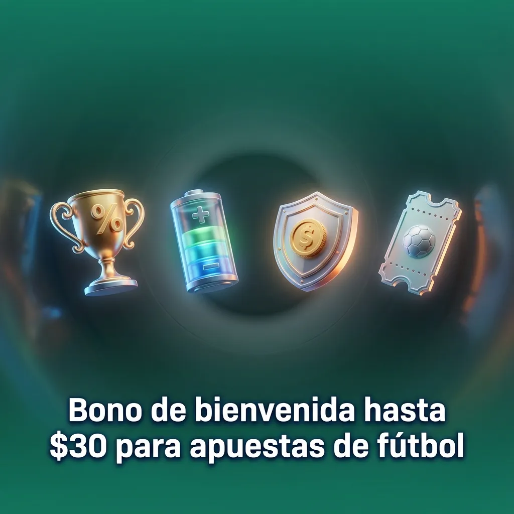 Banner promocional en español: “Bono de bienvenida hasta $30 para apuestas de fútbol” sobre fondo con balón y cancha.