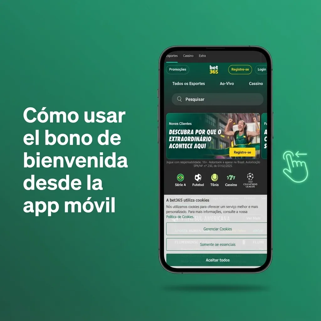 Persona usando app móvil para registrarse, depositar y activar bono de bienvenida en casa de apuestas desde el celular