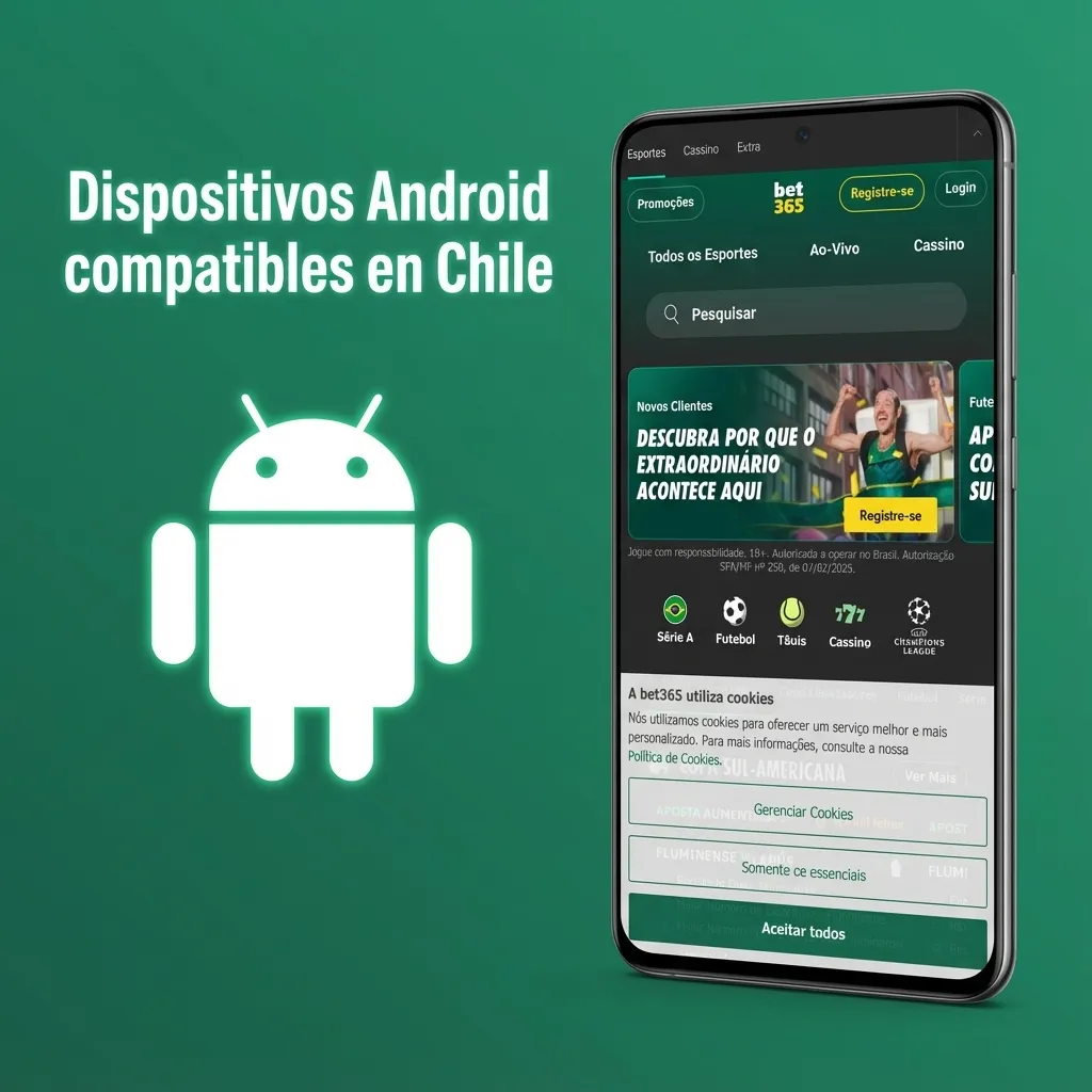 Listado de modelos Android compatibles en Chile para la app Bet365, con ejemplos de Samsung, Xiaomi, Motorola y Huawei.