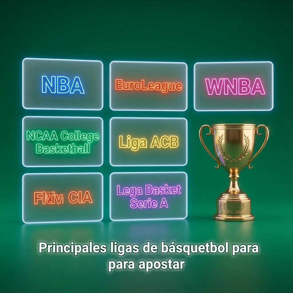 Ilustración de un balón de básquet y logos de ligas globales junto a una lista de competiciones para apostar.