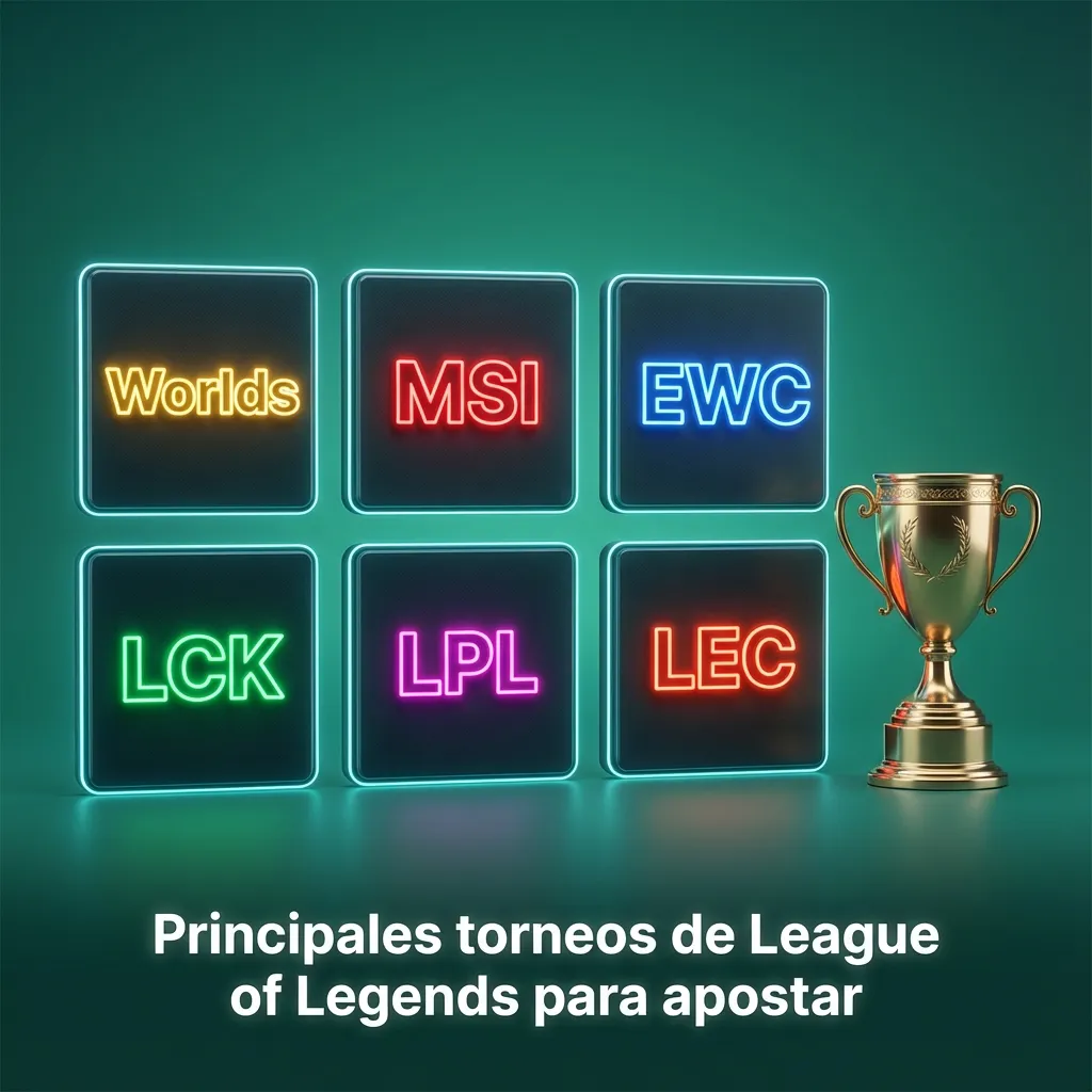Gráfico con los principales torneos de League of Legends para apostar: Worlds, MSI, EWC, LCK, LPL y LEC.