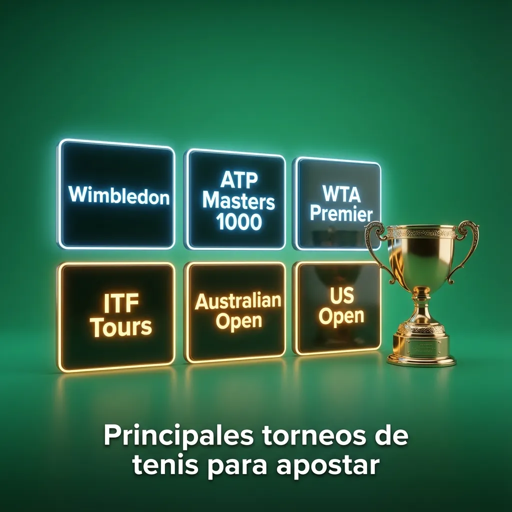 Collage de canchas y pelotas de tenis con logos de Grand Slams, ATP, WTA y copas por equipos para apostar