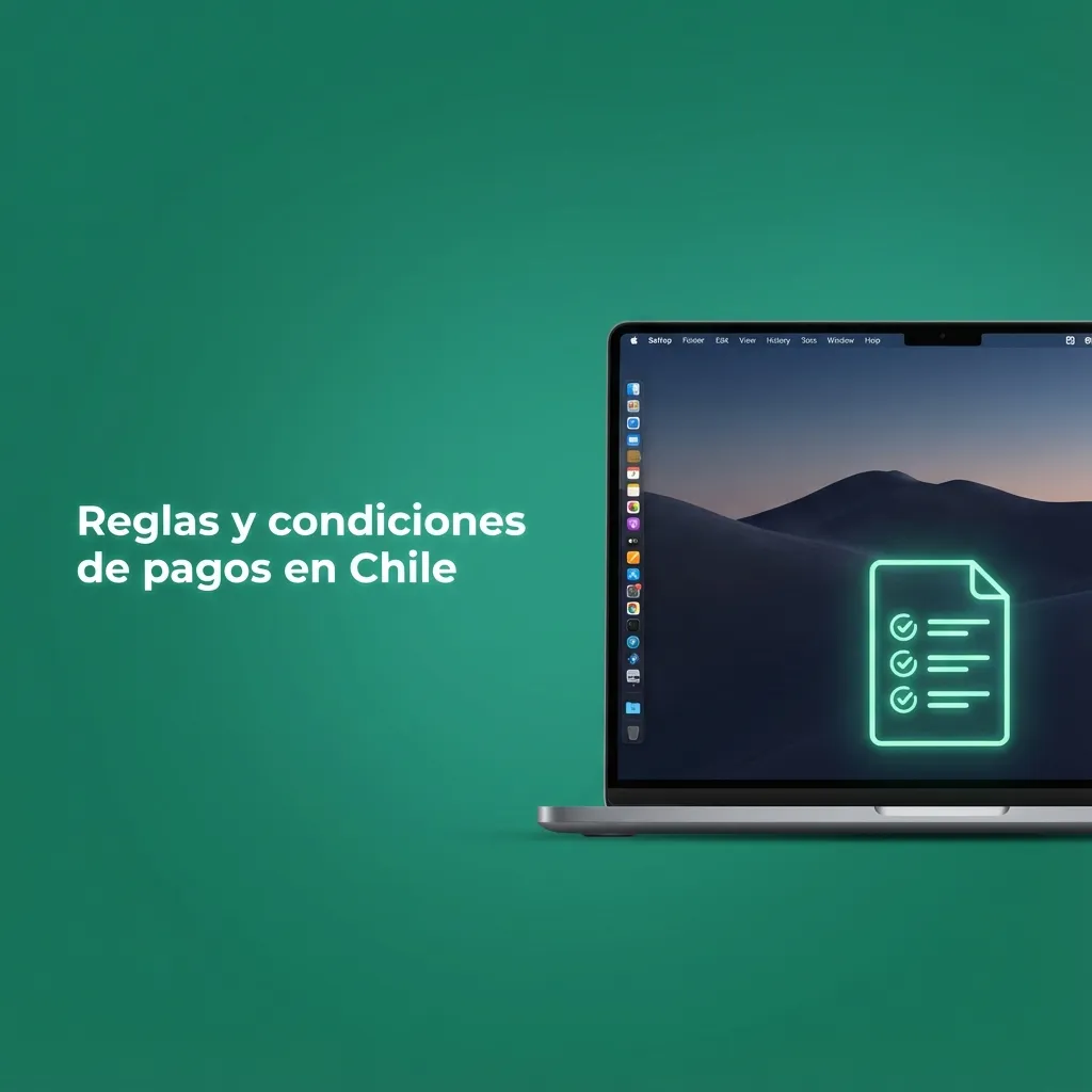Ilustración de reglas de pago en Chile con íconos de seguridad, identidad, límites y bonos sobre fondo claro.