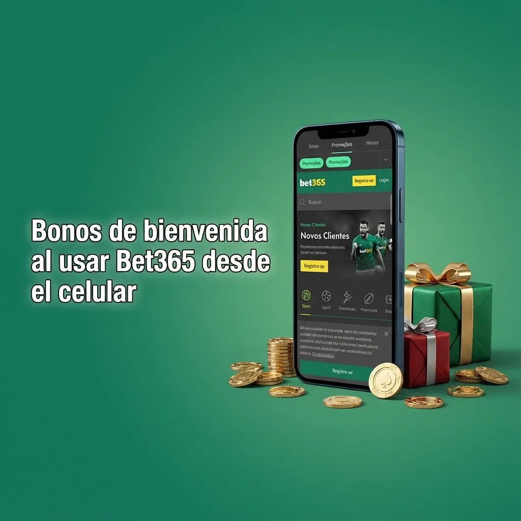 Celular con la app de Bet365 mostrando bonos de bienvenida y promociones para nuevos usuarios en Chile