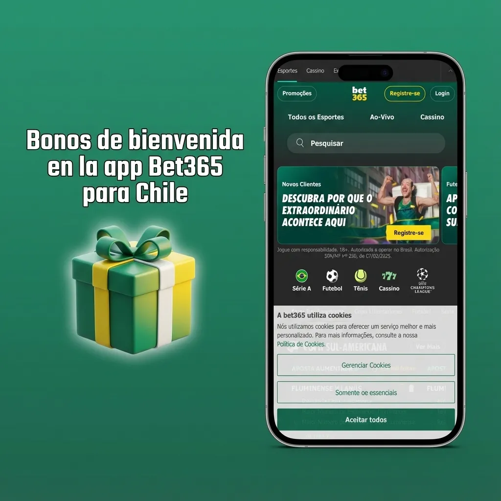 Pantalla de la app Bet365 Chile mostrando bono de bienvenida de hasta $30 y lista de promociones deportivas y de casino