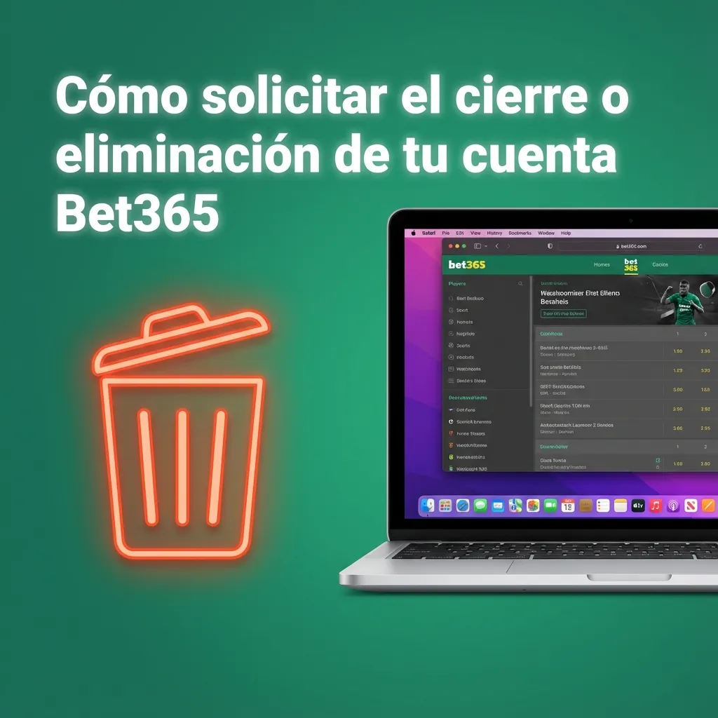 Ilustración de usuario cerrando su cuenta Bet365 en línea, revisando saldo y contactando soporte para eliminación segura