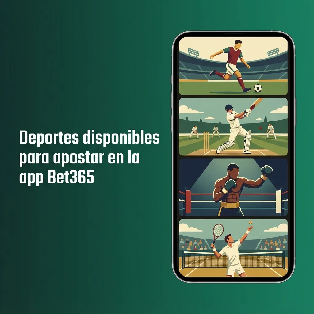 Pantalla de la app Bet365 mostrando lista de deportes populares para apostar en Chile, como fútbol, tenis y básquetbol