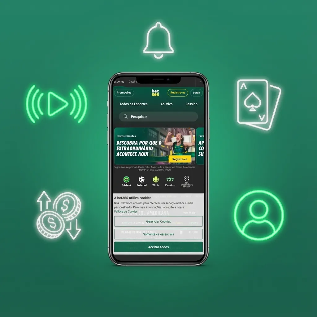 Móvil con pantalla de la app Bet365 Chile mostrando apuestas en vivo, casino y botones de depósito y bonos en español