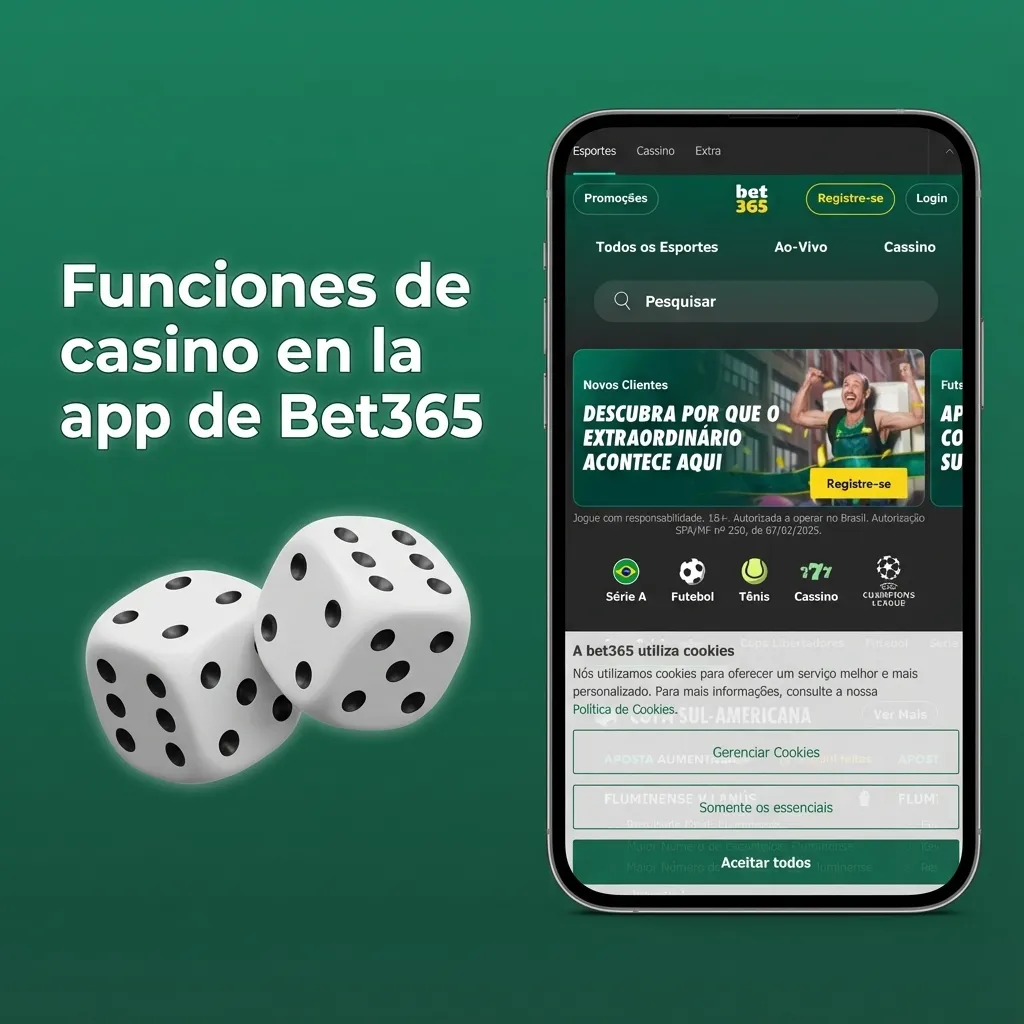 Pantalla de la app Bet365 mostrando sección de casino con tragamonedas, ruleta, blackjack y mesas con crupieres en vivo