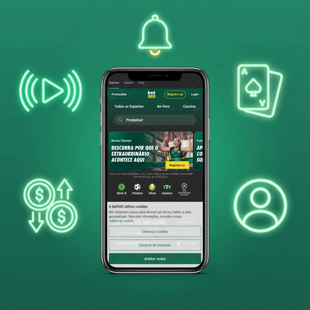 Pantalla de iPhone con app Bet365 en español, mostrando apuestas deportivas en vivo y opciones de casino para usuarios de Chile