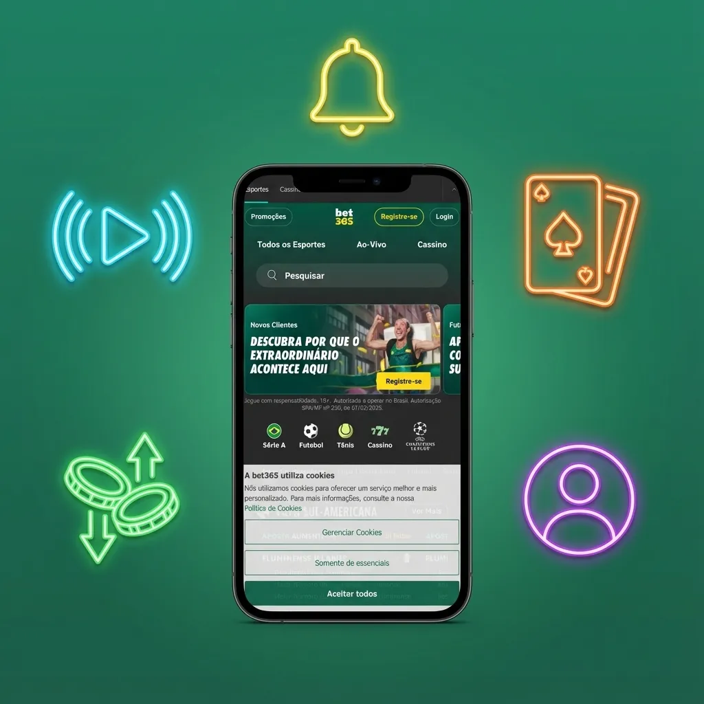 Captura de pantalla de la app Bet365 mostrando apuestas en vivo, casino, saldo de cuenta y menú de depósitos y retiros