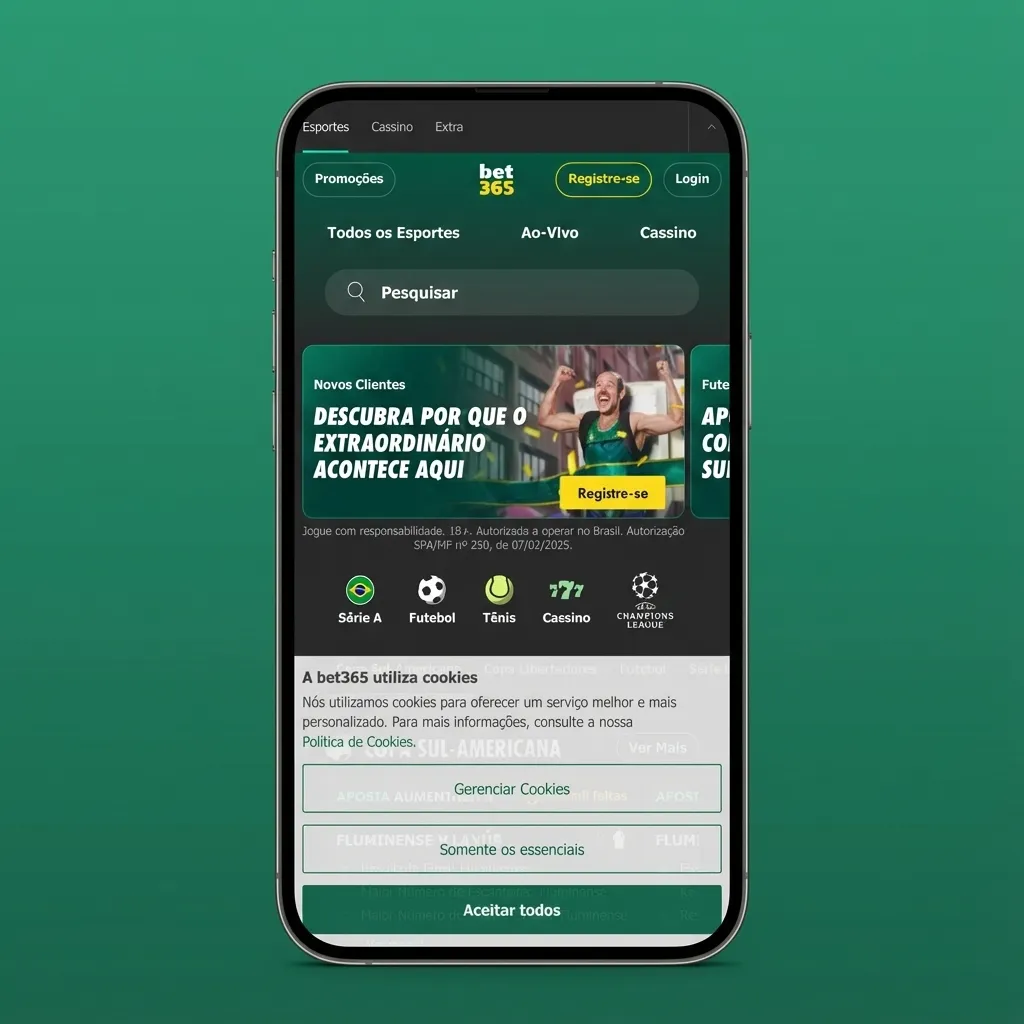 Teléfono móvil mostrando la interfaz limpia y clara de la app web Bet365 con botones grandes para apuestas deportivas y casino