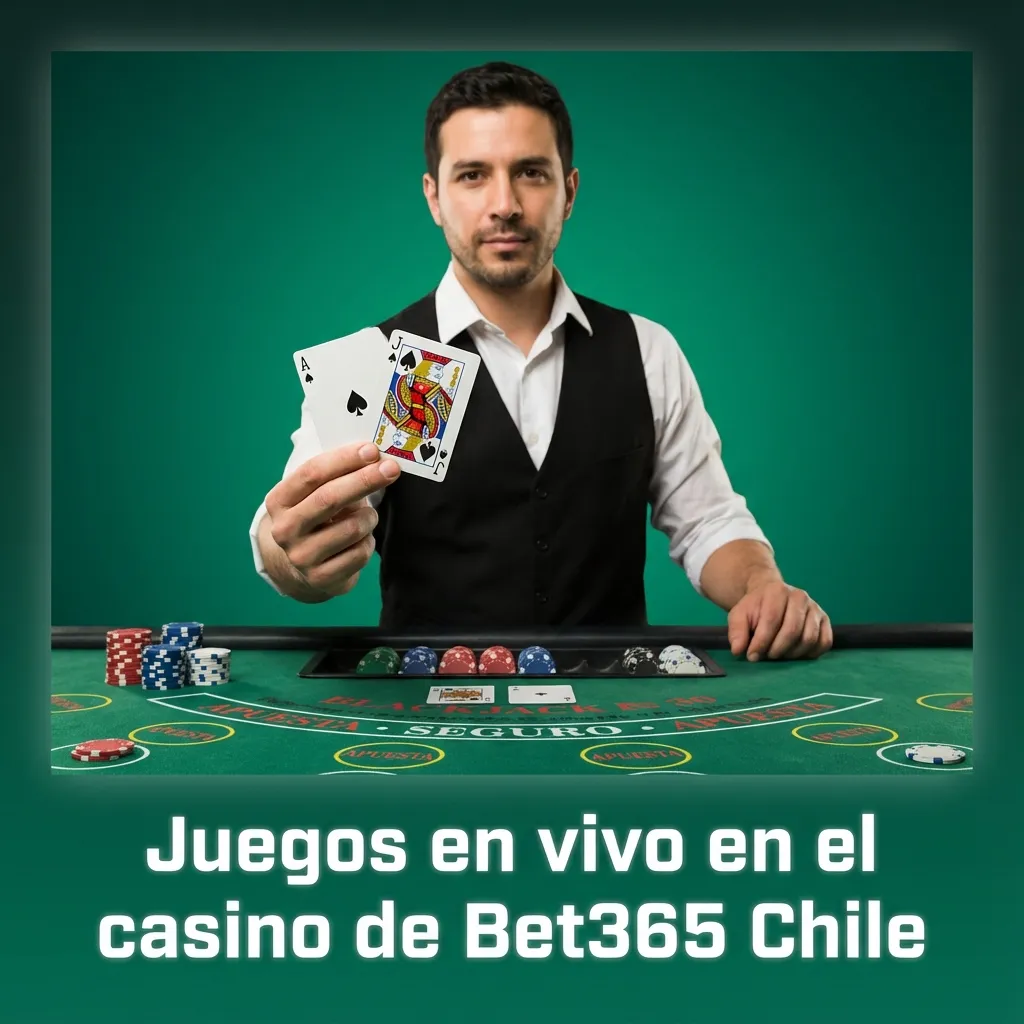 Crupier en vivo en Bet365 Chile frente a mesa de ruleta y cartas, interfaz con apuestas y saldo en pantalla