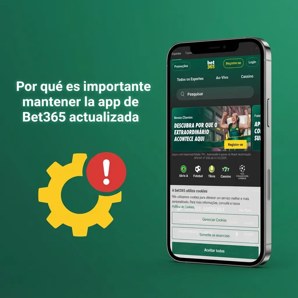 Ilustración de un móvil con la app de Bet365 y un icono de actualización resaltando seguridad y mejor rendimiento