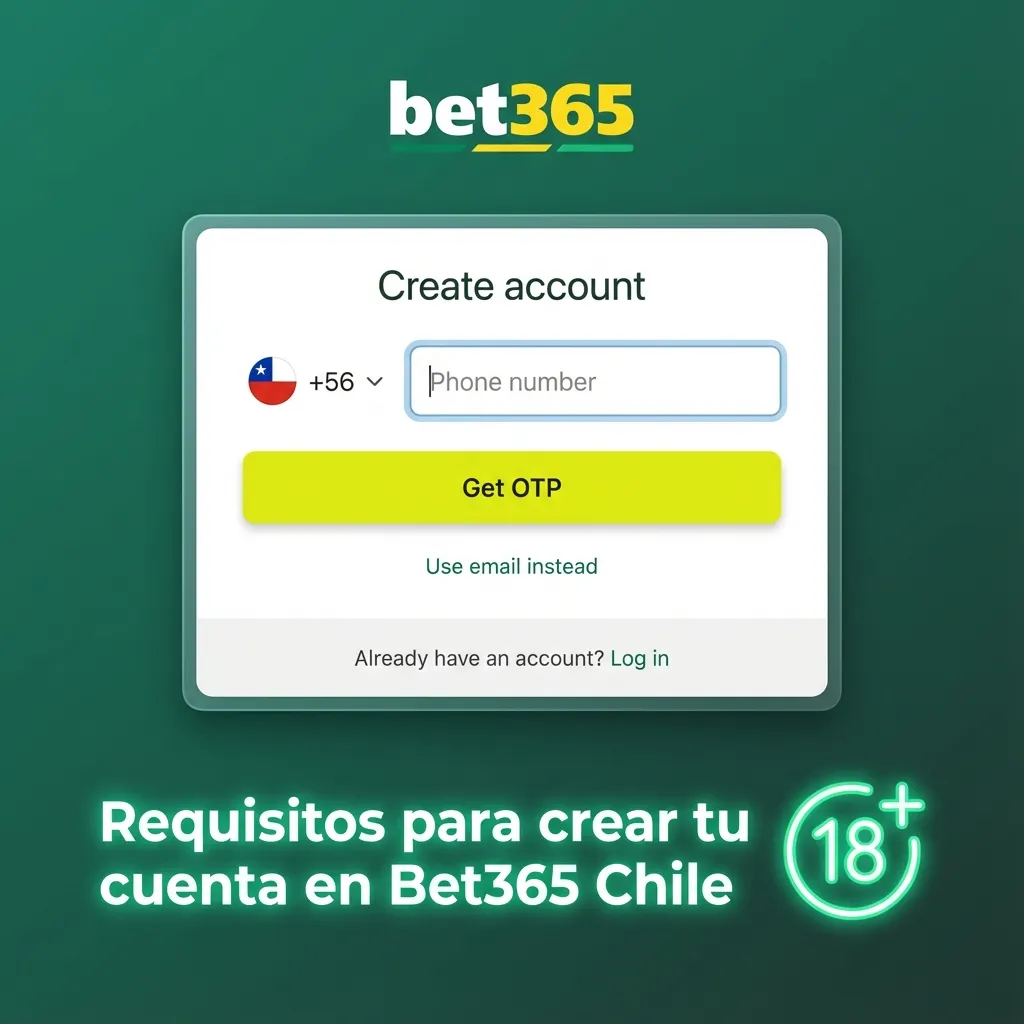 Ilustración informativa con lista de requisitos legales y personales para registrarse en Bet365 Chile