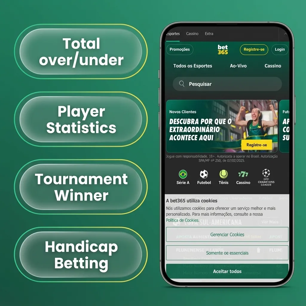 Pantalla de la app Bet365 en un celular mostrando opciones de apuestas simples, combinadas, sistema, en vivo y hándicap