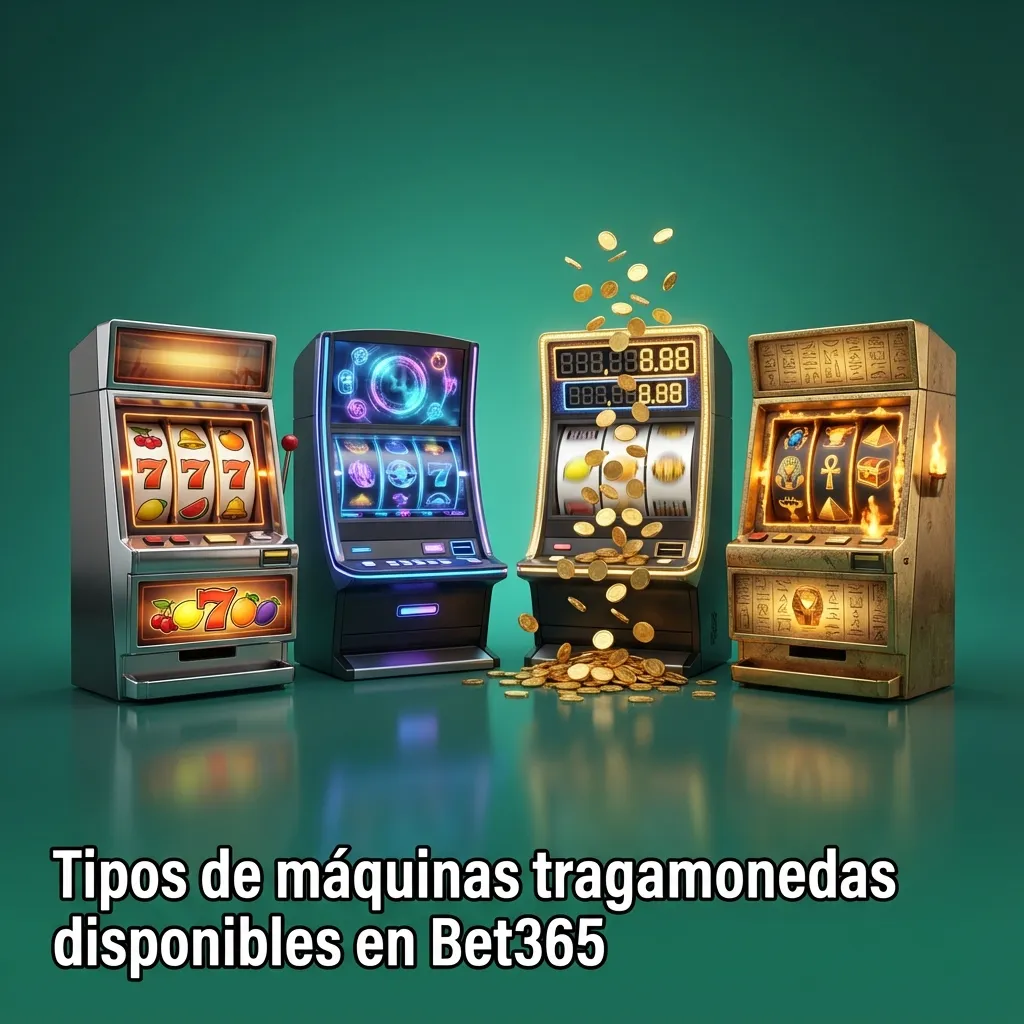 Infografía de Bet365 mostrando distintos tipos de tragamonedas: clásicas, video, Megaways, jackpots y juegos tipo crash.