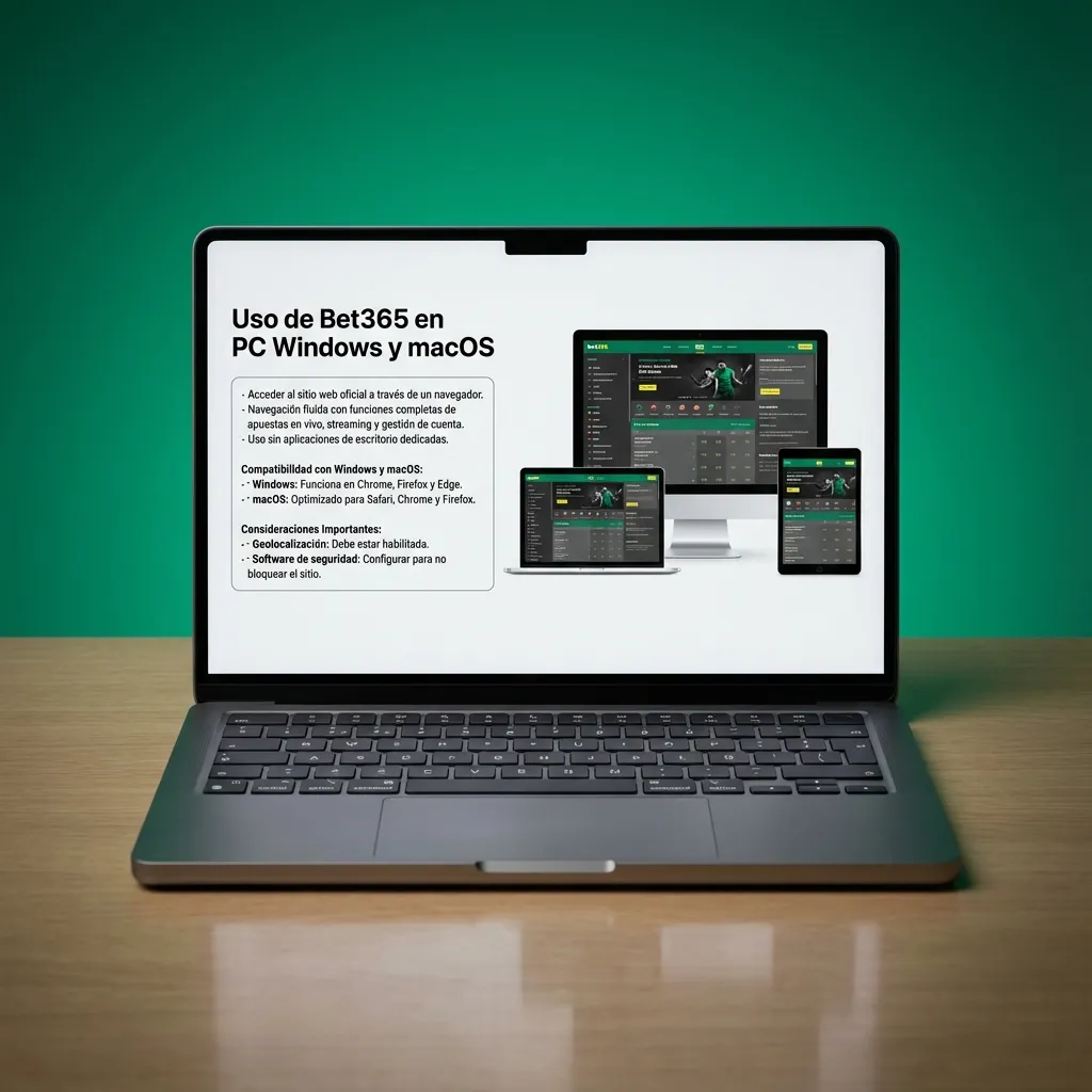 Bet365 abierto en navegador de computadora, mostrando apuestas deportivas y casino en pantalla grande sin app instalada