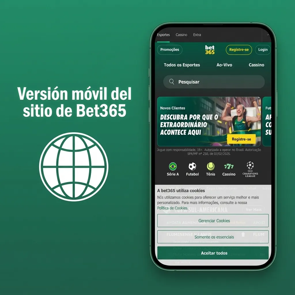 Teléfono móvil mostrando la versión web de Bet365 con menú táctil de deportes y casino adaptado a la pantalla.