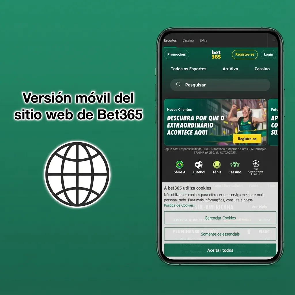 Pantalla de un smartphone mostrando la versión móvil del sitio web de Bet365 con opciones de apuestas y casino.