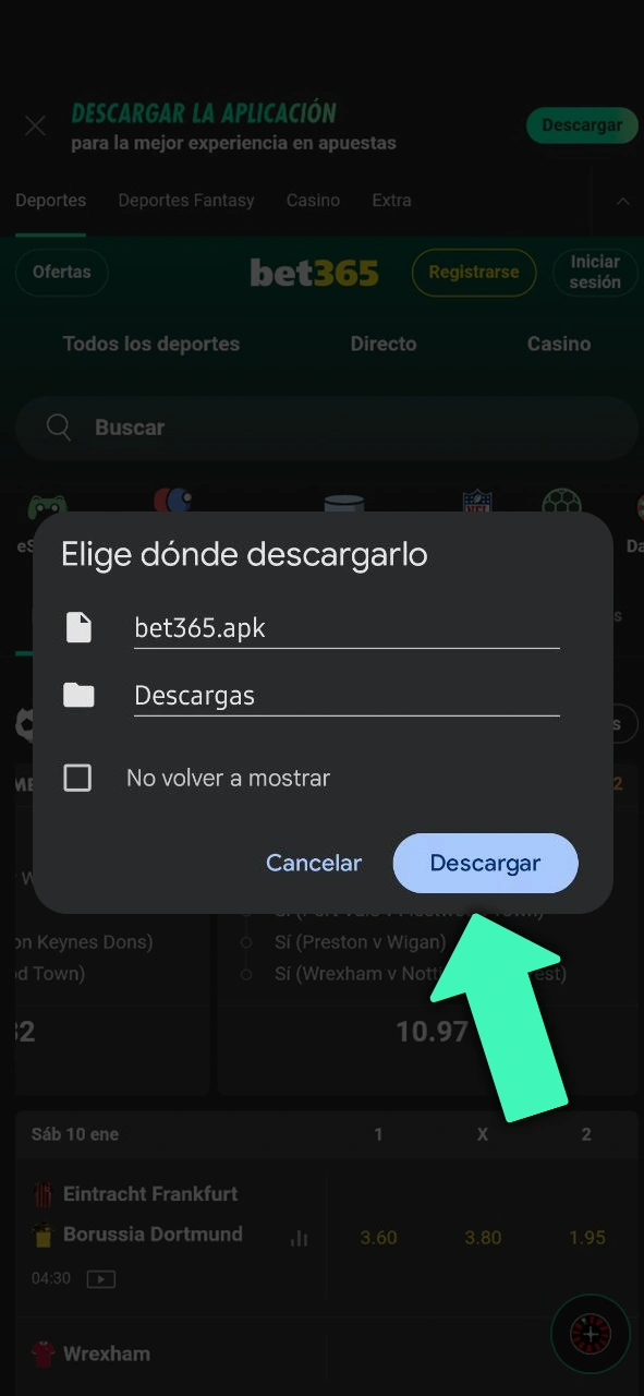 Acepta la descarga del archivo APK para instalar la aplicación oficial de Bet365 en tu móvil.
