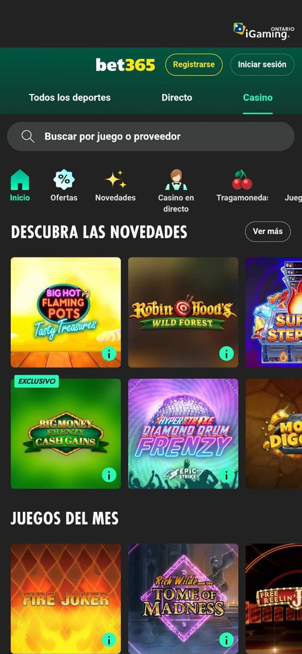 Entra en la interfaz y experiencia visual de la app casino y disfruta de los mejores slots en Bet365.