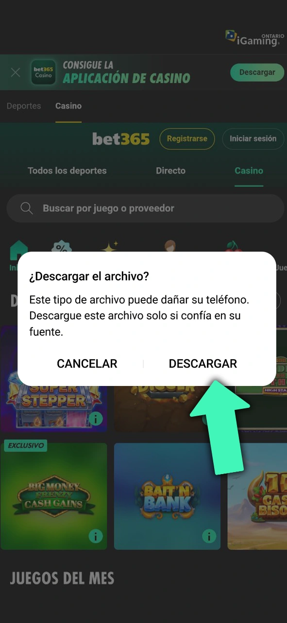 Acepta la ventana emergente al descargar el APK de Bet365 en Android para continuar.
