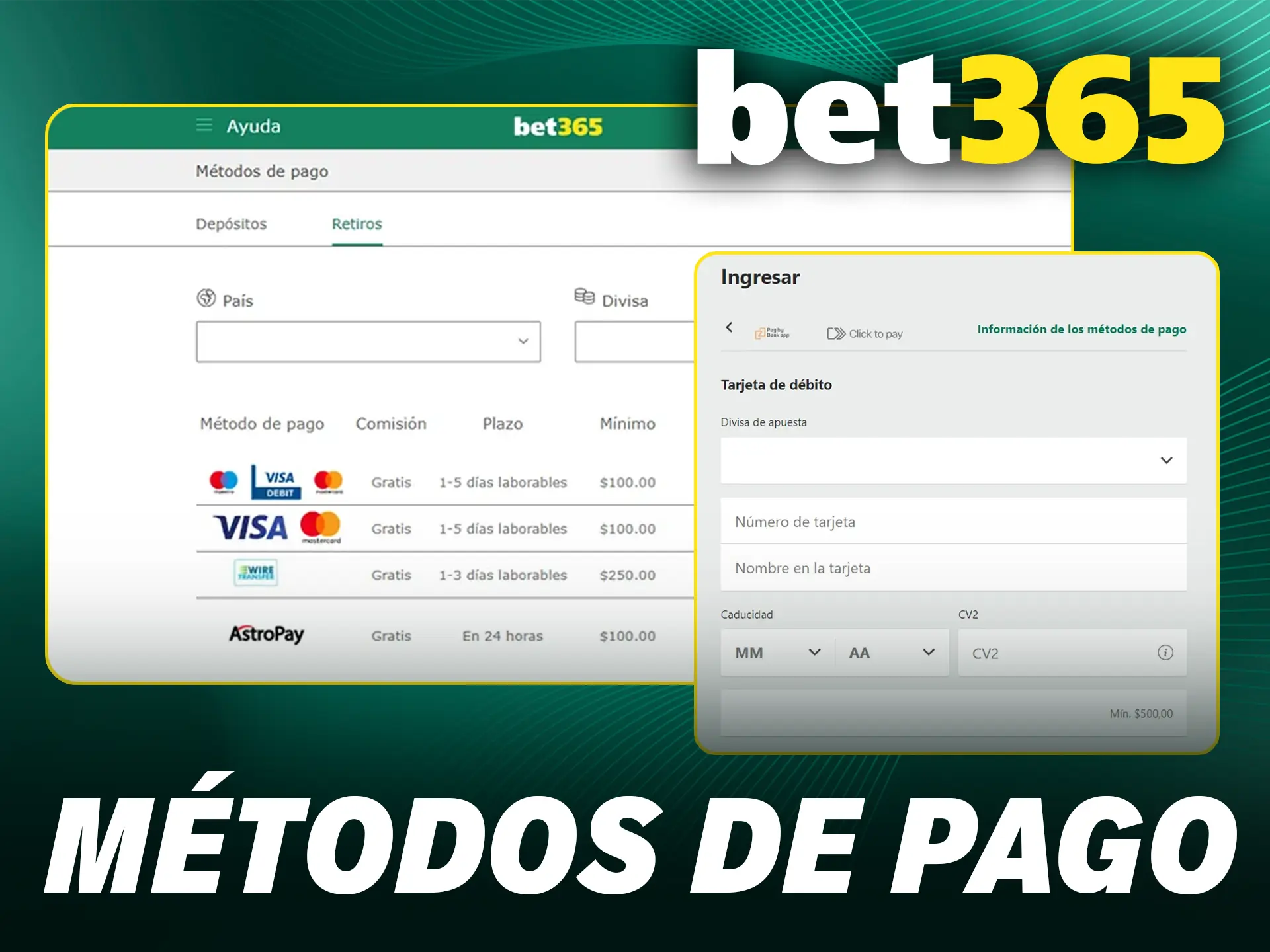 Utiliza métodos de pago seguros para depósitos y retiros en tu cuenta de Bet365.