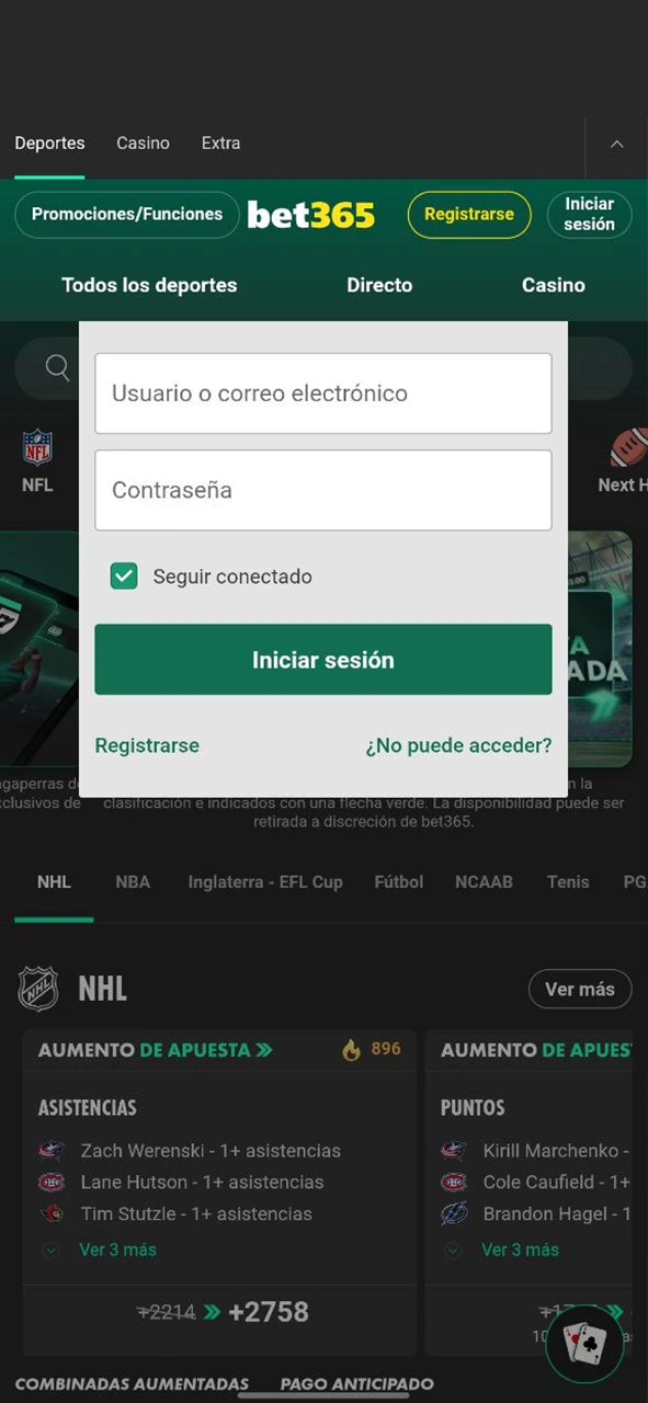 Inicia sesión en la app de Bet365 y accede a tus mercados de apuestas favoritos en iOS.