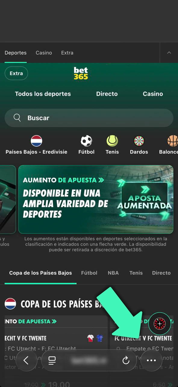 Toca el botón compartir en tu navegador para configurar la PWA de Bet365 en tu iPhone.