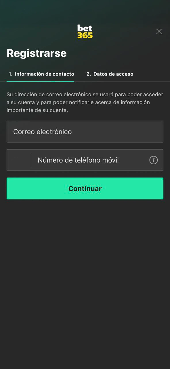 Visualiza la interfaz y experiencia visual de la app iOS registro y crea tu cuenta en Bet365.