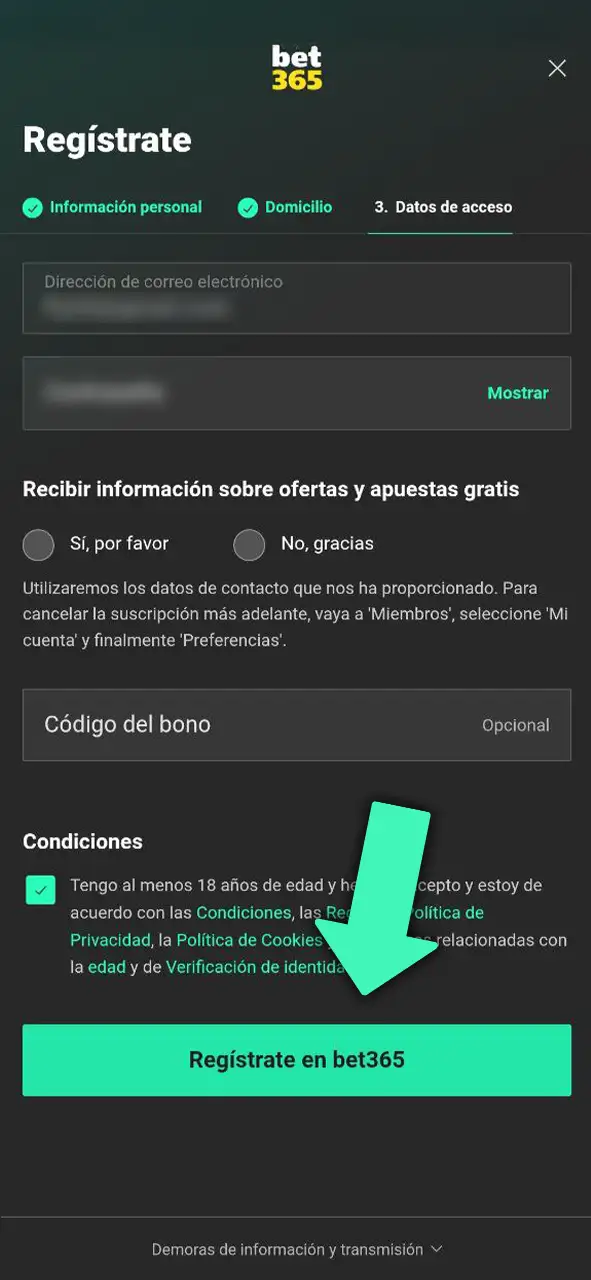 Confirma tu nueva cuenta para finalizar el registro en la app móvil de Bet365 y recibir tu bono.