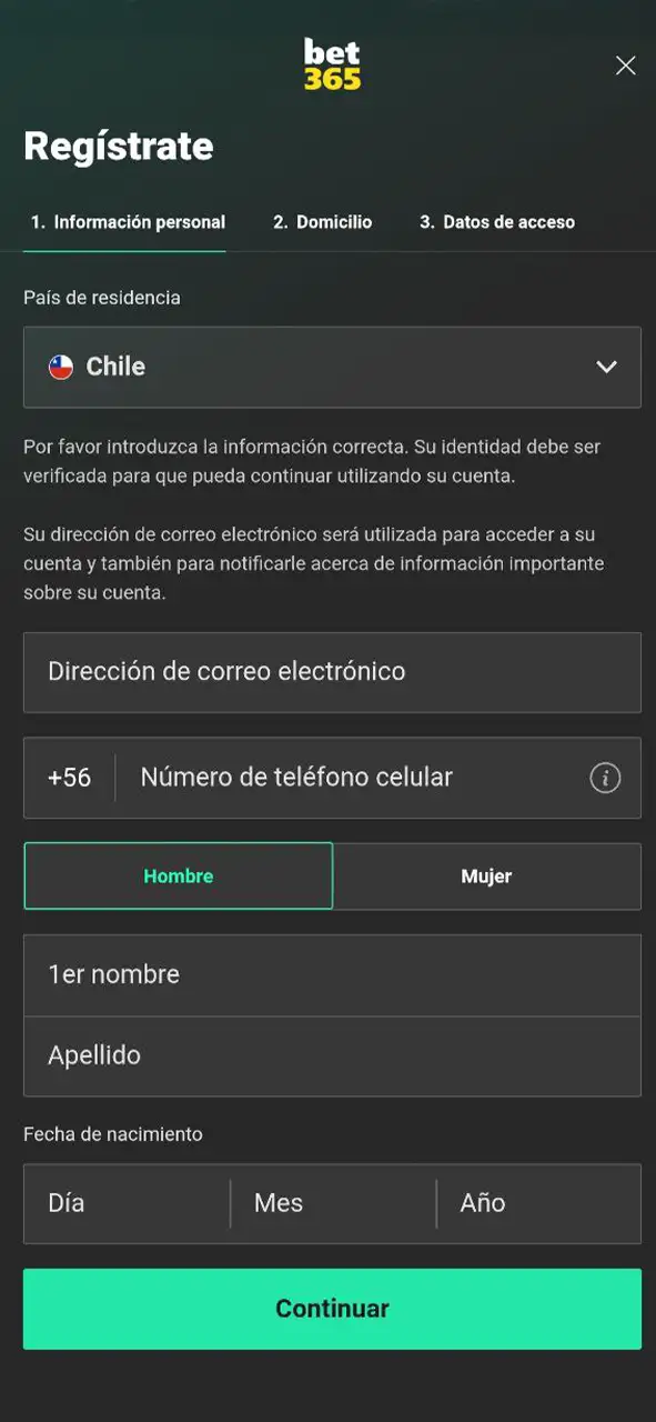 Ingresa tus datos personales para completar el registro en la app móvil de Bet365 en Chile.