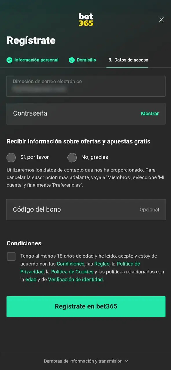 Define usuario y contraseña al realizar el registro en la app móvil de Bet365 para un acceso seguro.