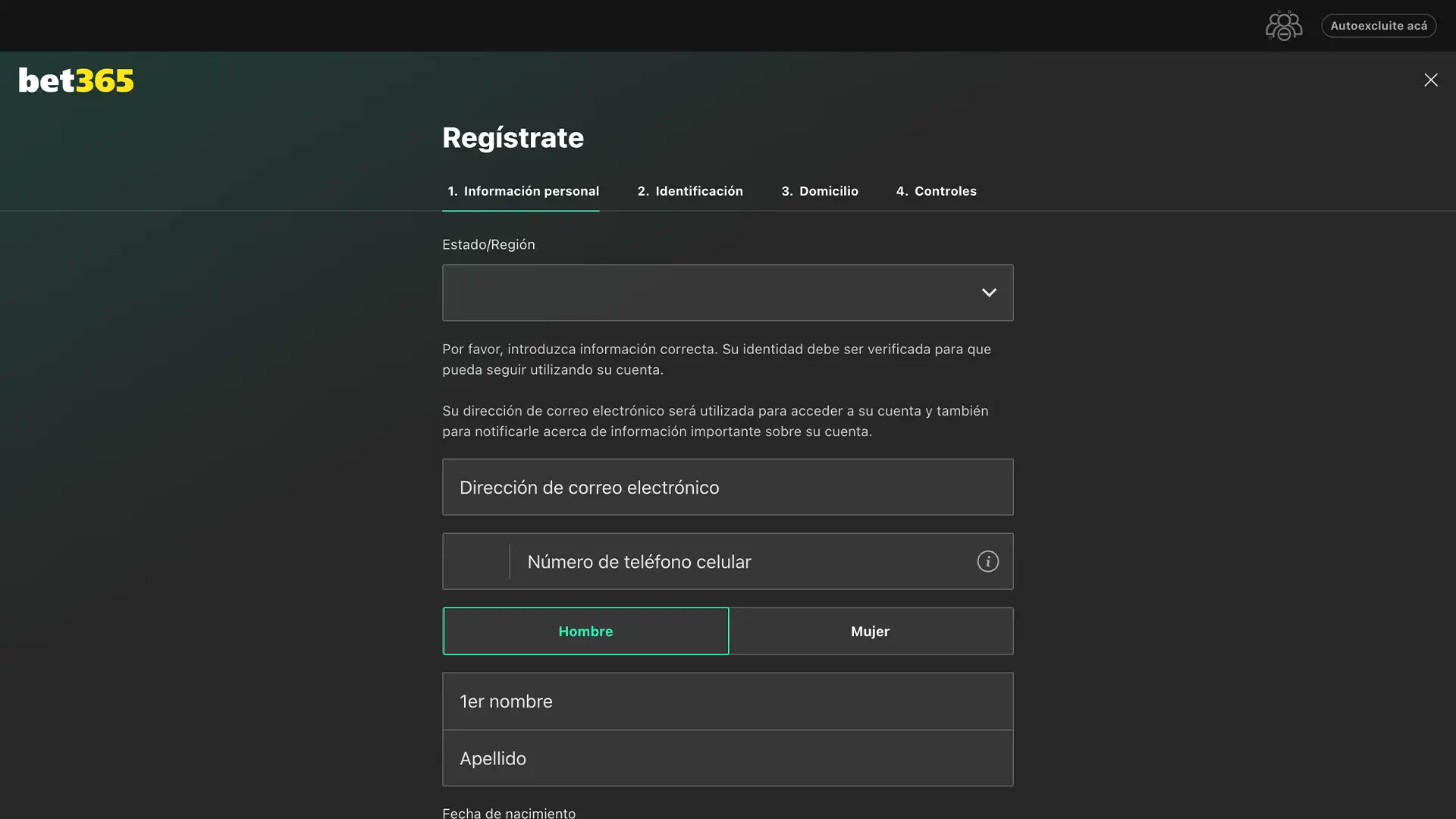 Completa tus datos personales para avanzar con tu registro en Bet365 de manera segura.