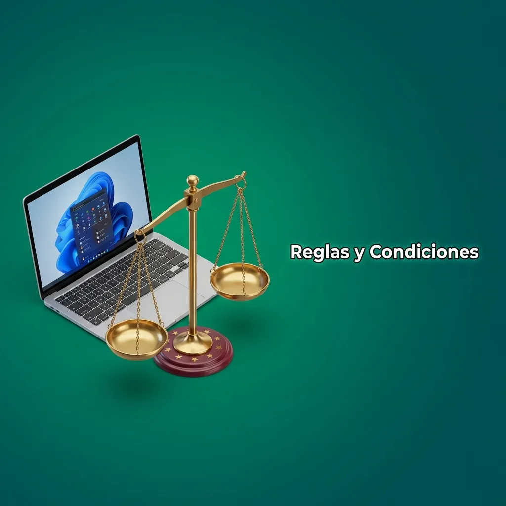 Documento de reglas y condiciones para uso de plataforma de juego online con requisitos legales y restricciones.