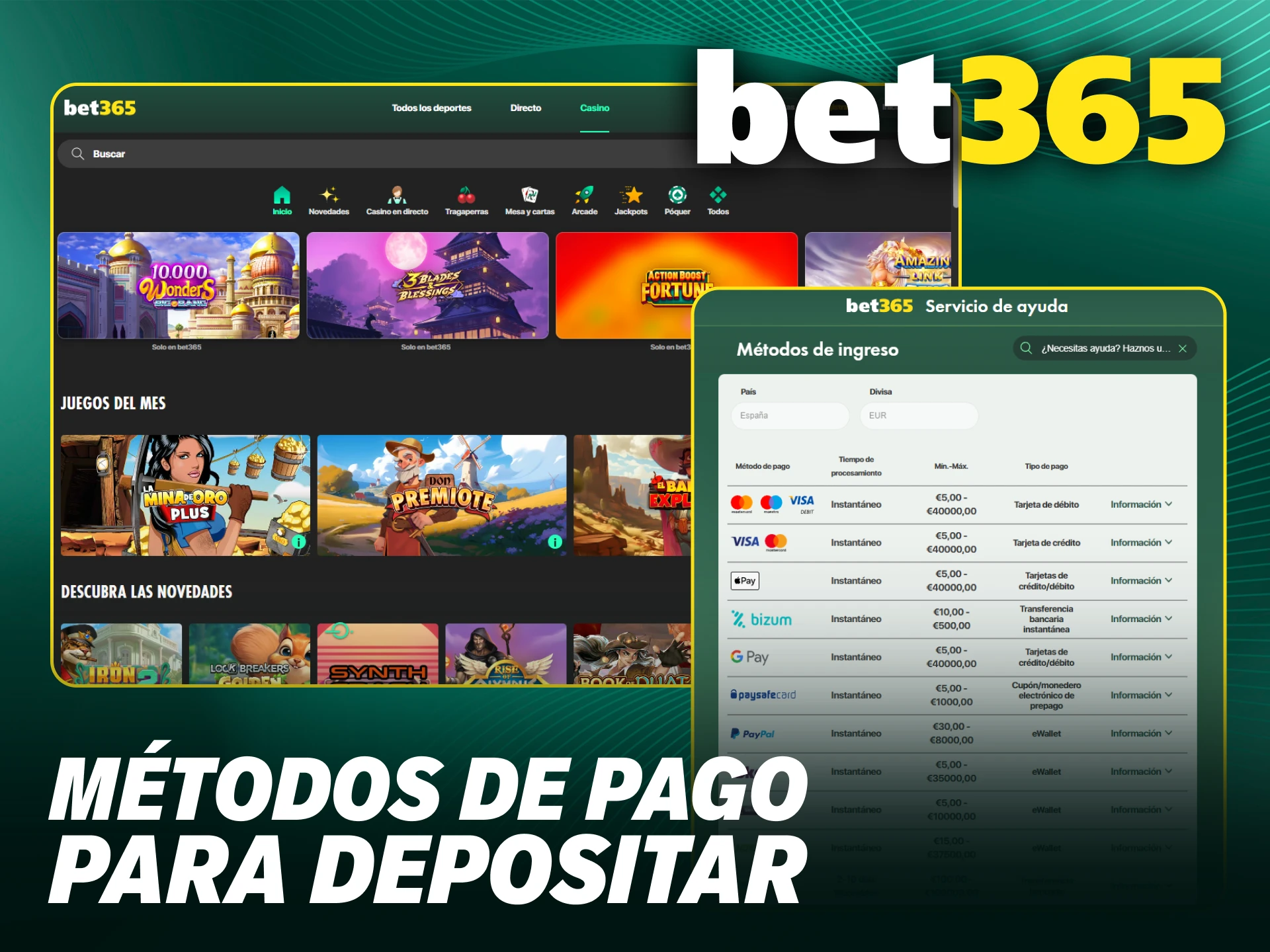 Selecciona métodos de pago para tu depósito en Bet365 Chile.