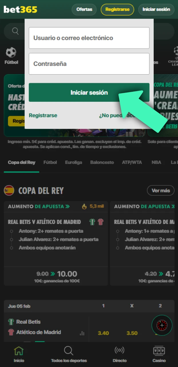 Finaliza el login en Bet365 para empezar a apostar.