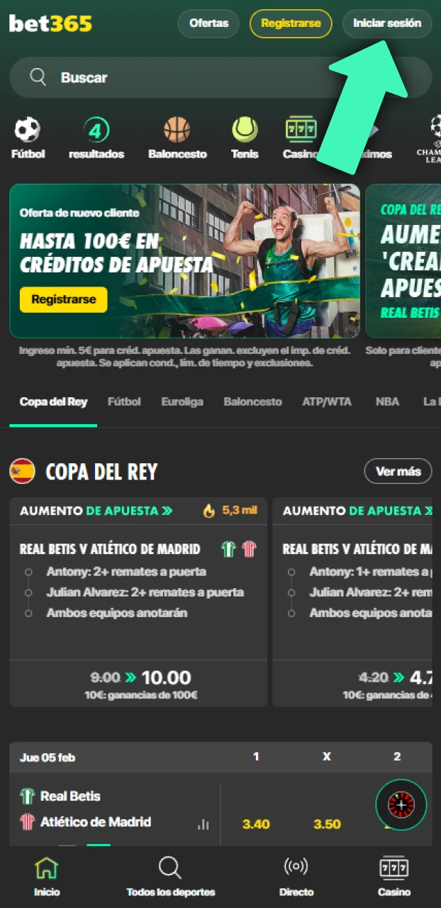 Toca el botón de inicio para login en Bet365 Chile.