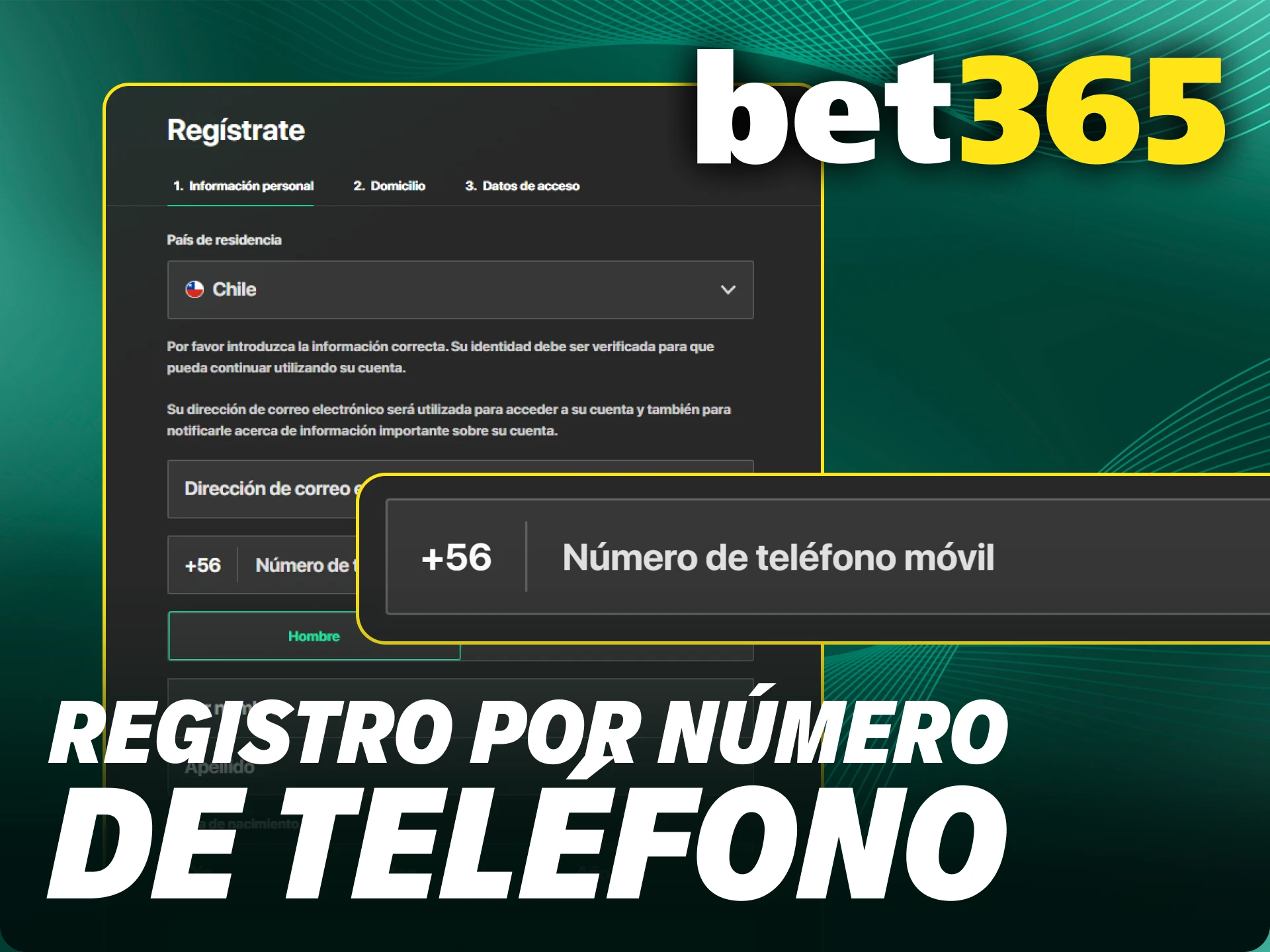 Crea tu cuenta mediante registro usando un número de teléfono en Bet365.