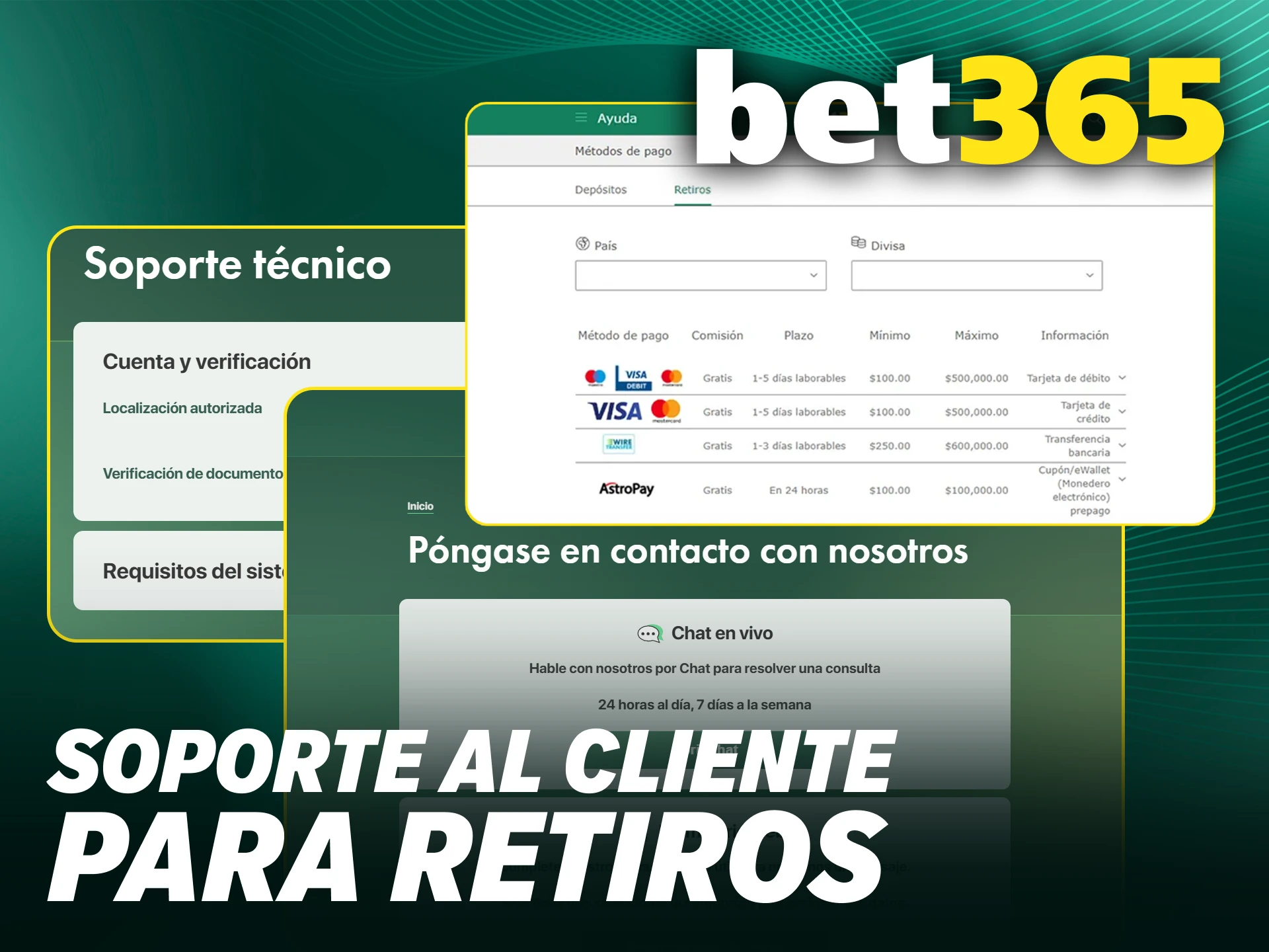 Contacta al soporte si tienes dudas sobre tu retiro en Bet365 Chile.